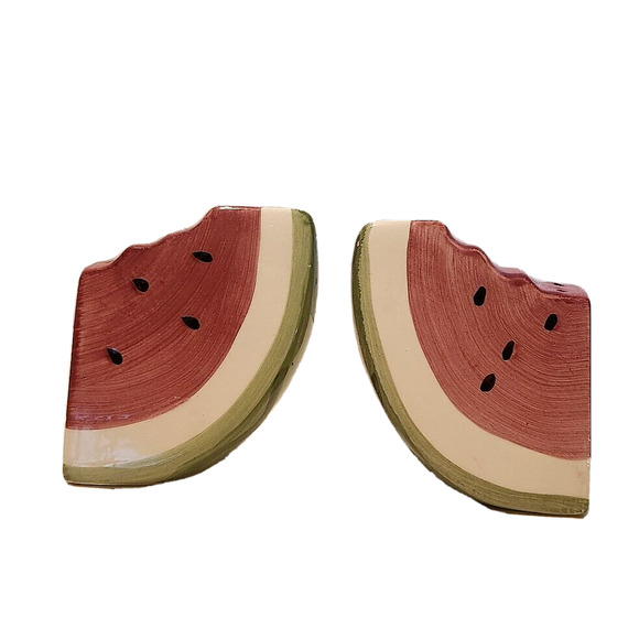 Watermelon Fruit Ceramic Salt and Pepper Shakers Red Green Slices w/ Seeds - Picture 4 of 8